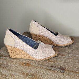 TOMS Beige Textured Canvas Cork Wedge Peep Toe Heel Women's 8M